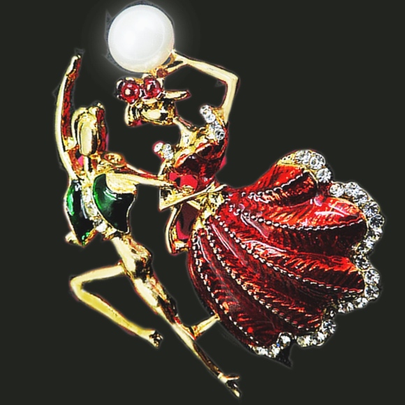 Male & Female Flamboyant Ballet Dancers Brooch-  W/Faux Pearl on her head - Picture 4 of 5